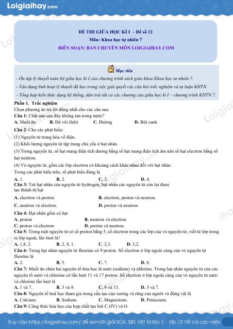 Đề thi giữa kì 1 KHTN 7 Cánh diều - Đề số 12